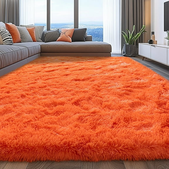 ZENELESS 9'x12' Orange Plush Shaggy Rug, Extra Large Soft Indoor Modern Fluffy Carpet for Stylish Home Decor