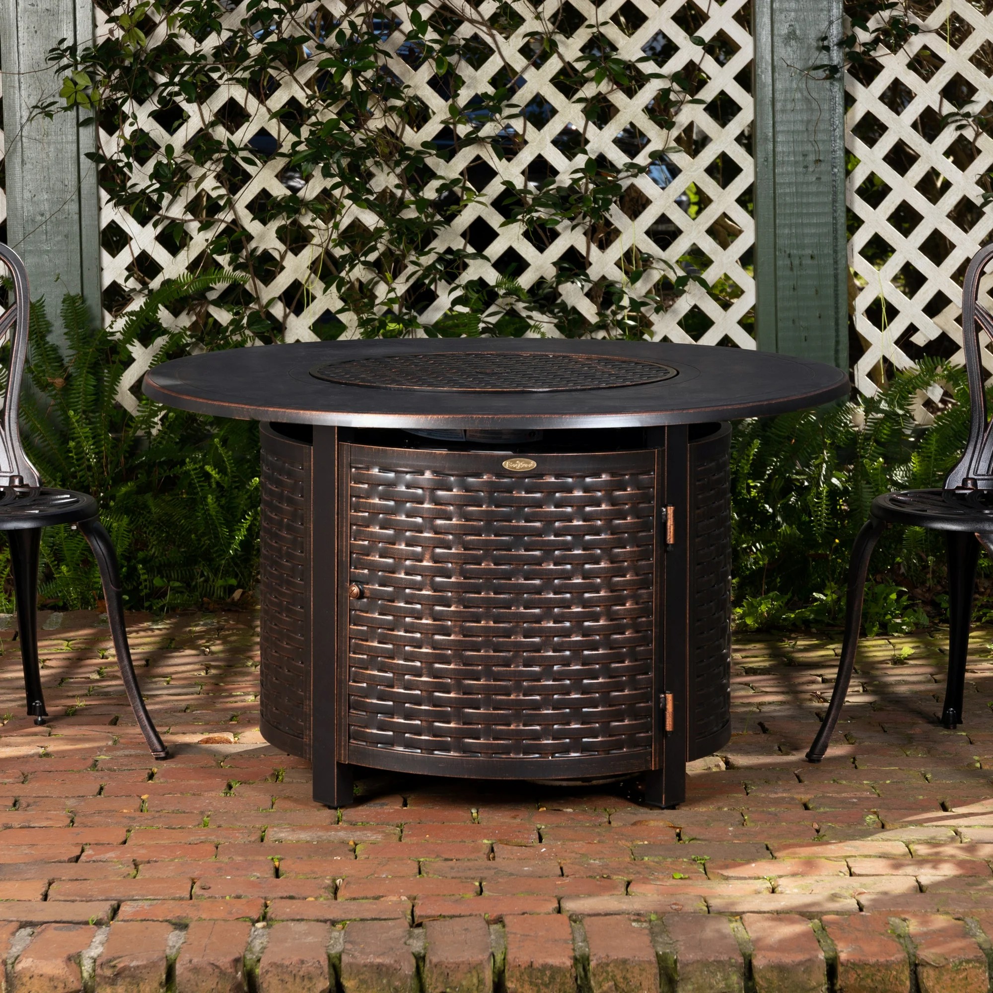 Vulcan Florence Woven Aluminum Gas Fire Pit Table – Round 44" with Fire Bowl Lid, Antique Bronze