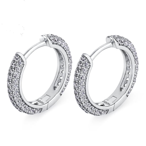 Fully Iced 925 Sterling Silver Post Small Thin Huggie Hoop Earrings For Men And Women White Gold Plated Light Weight Hoop Earring