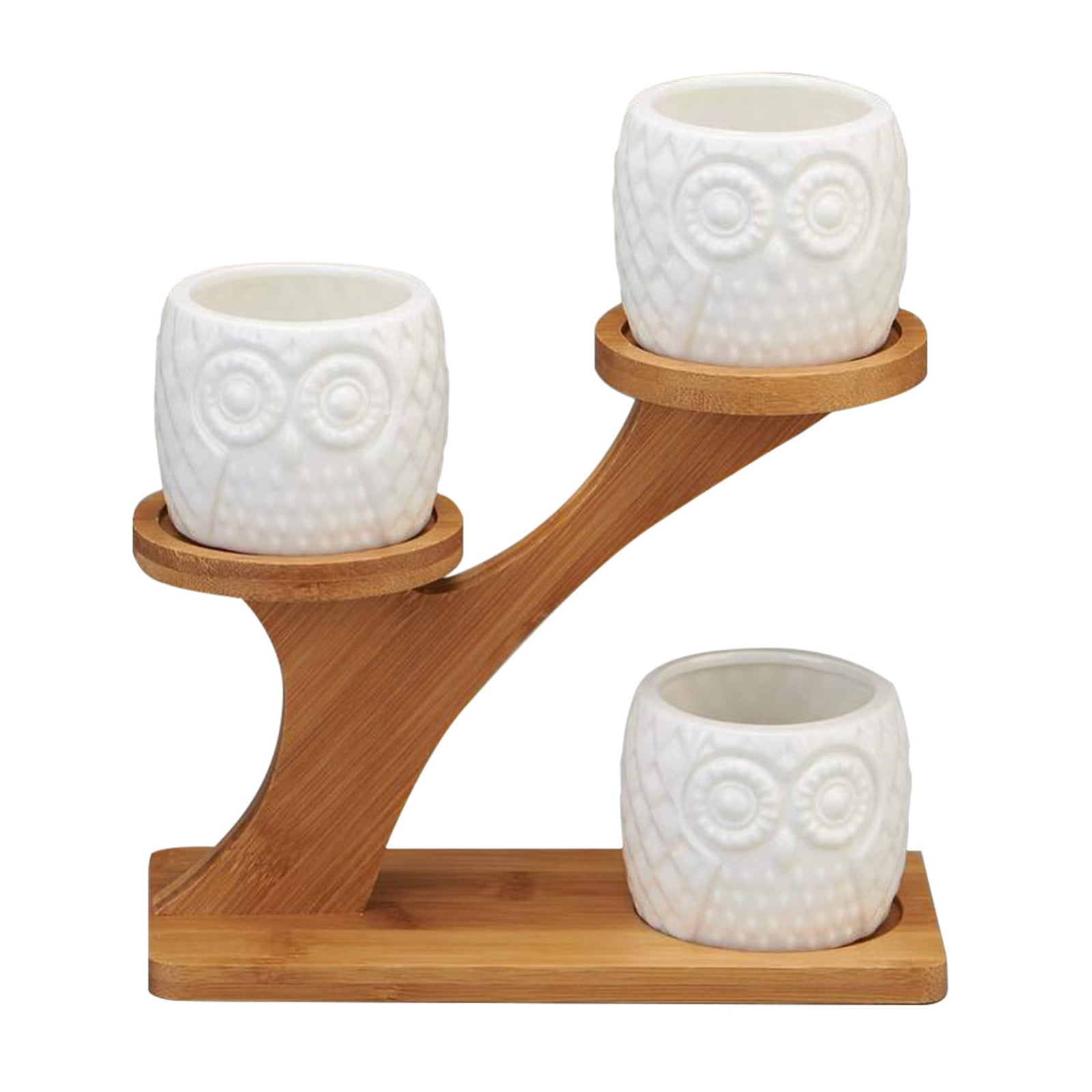 3Pcs Owl Succulent Pot Ceramic Garden Flower Planter Holder Bamboo Stand Sets 