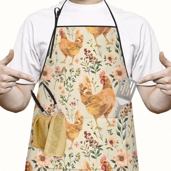 Beige Chicken Flower Pattern Apron-Garden Aprons for Women with Pockets-Cotton Linen Waterproof Kitchen Cooking Gardening Aprons Adjustable for Kitchen,Cooking,BBQ and Salon 33x27 Inch