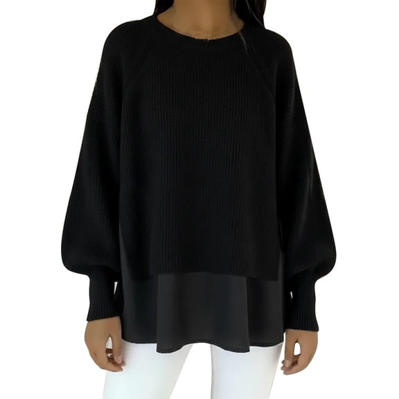 ManxiVoo Women's Blouson Sleeve Sweater Crewneck Pullover with Chiffon Hem Side Slit Detail Casual Chic Fall Top L Size Black