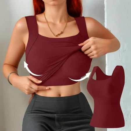 Womens Square Neck Longline Sports Bra - Workout Crop Tank Tops Padded Yoga Camisole with Built in Pads Wine L