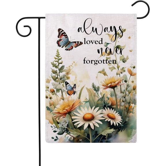 Butterfly Flowers Garden Flag 12.5 x 18 Inch Always Loved Never Forgotten Memorial Garden Flag Double Sided Spring Summer Yard Flags for Outdoor Seasonal Porch Lawn Decor (Purple/Green)