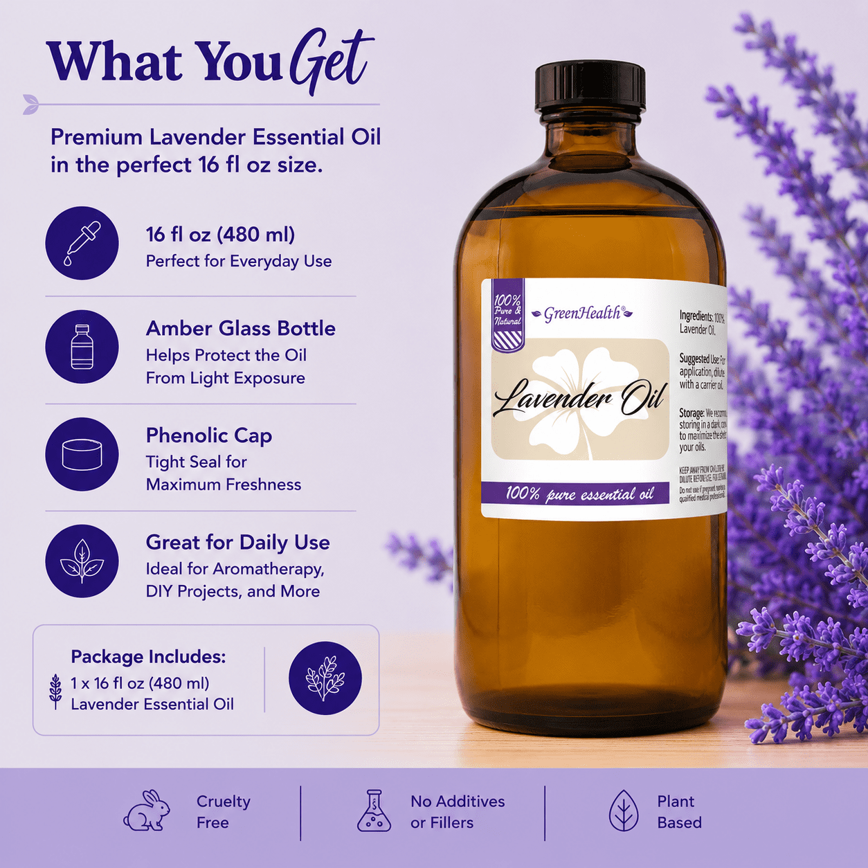 GreenHealth Lavender Essential Oil 16 fl oz (473 ml) Glass Bottle w/ Cap