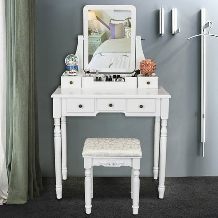 Ktaxon 5 Drawers Vanity Table Set With Mirror Cushioned Stool Ktaxon 5 Drawers Vanity Table Set With Mirror Cushioned Stool Makeup Dressing 2 Dividers Movable Organizers White
