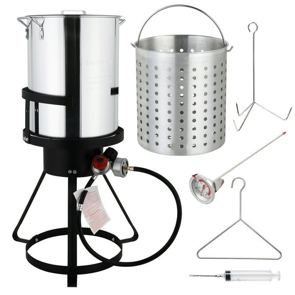 BAYUELSWU 30QT Turkey Deep Fryer Pot Set Aluminum Outdoor Deep Fryer with 55,000BTU Propane Stove, Stainless Steel Turkey Fryer & Seafood Boil Pot with Basket for Indoor Outdoor Cooking (Set of 2)