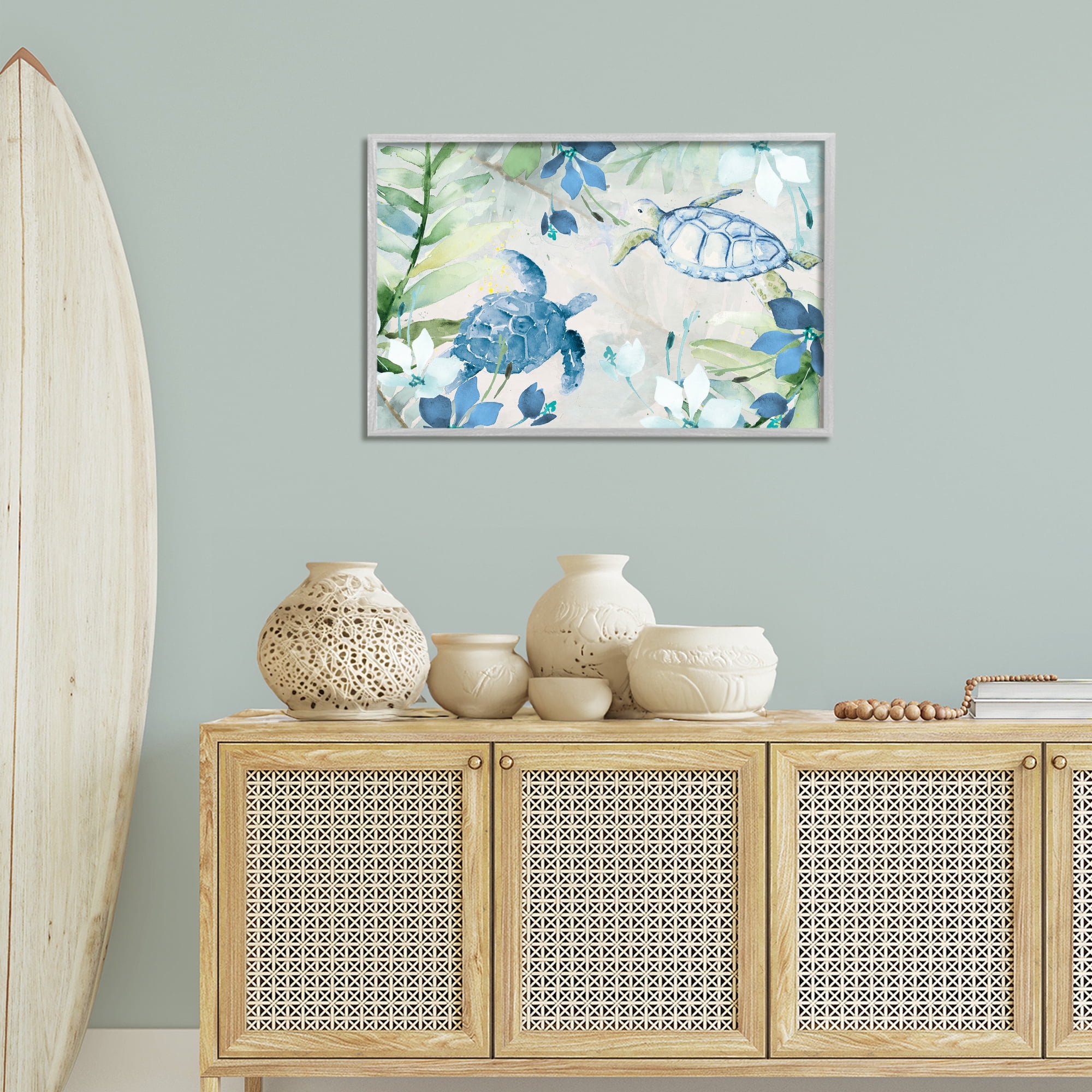 Stupell Industries Turtles Among Flowers Coastal Painting Gray Framed Art Print Wall Art, 30 x 20