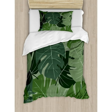 Forest Green Duvet Cover Set Camouflage Pattern Of Palm Leaves