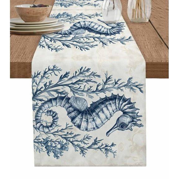 Navy Blue Seahorse Coastal Burlap Cotton Table Runner 13x72 Inches Long, Beach Botanical Farmhouse Farmhouse Table Runners, Outdoor Dining Tablecloths Decor for Baby Shower/Party/Wedding