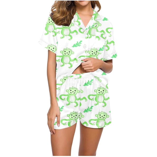 Jamicy Pyjama Mignon Femme Mode Décontractée Imprimé Manches Courtes Col à Revers avec Short Ensemble de Pyjama Confortable et Ample pour la Maison