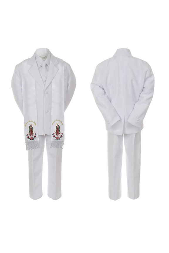 Baby Boy Christening Formal White Single Breasted Suit Silver Gold Guadalupe on Stole Sm-20