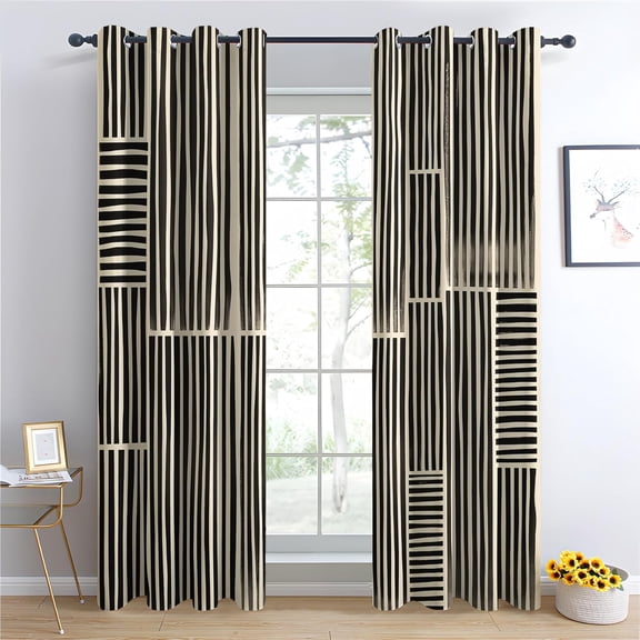 Striped Blackout Curtains for Living Room Bedroom,Thermal Insulated Room Darkening Grommet Drapes,Black and Beige Stripe Window Treatments Home Decor-42"W x 45"L (Pack of 2)