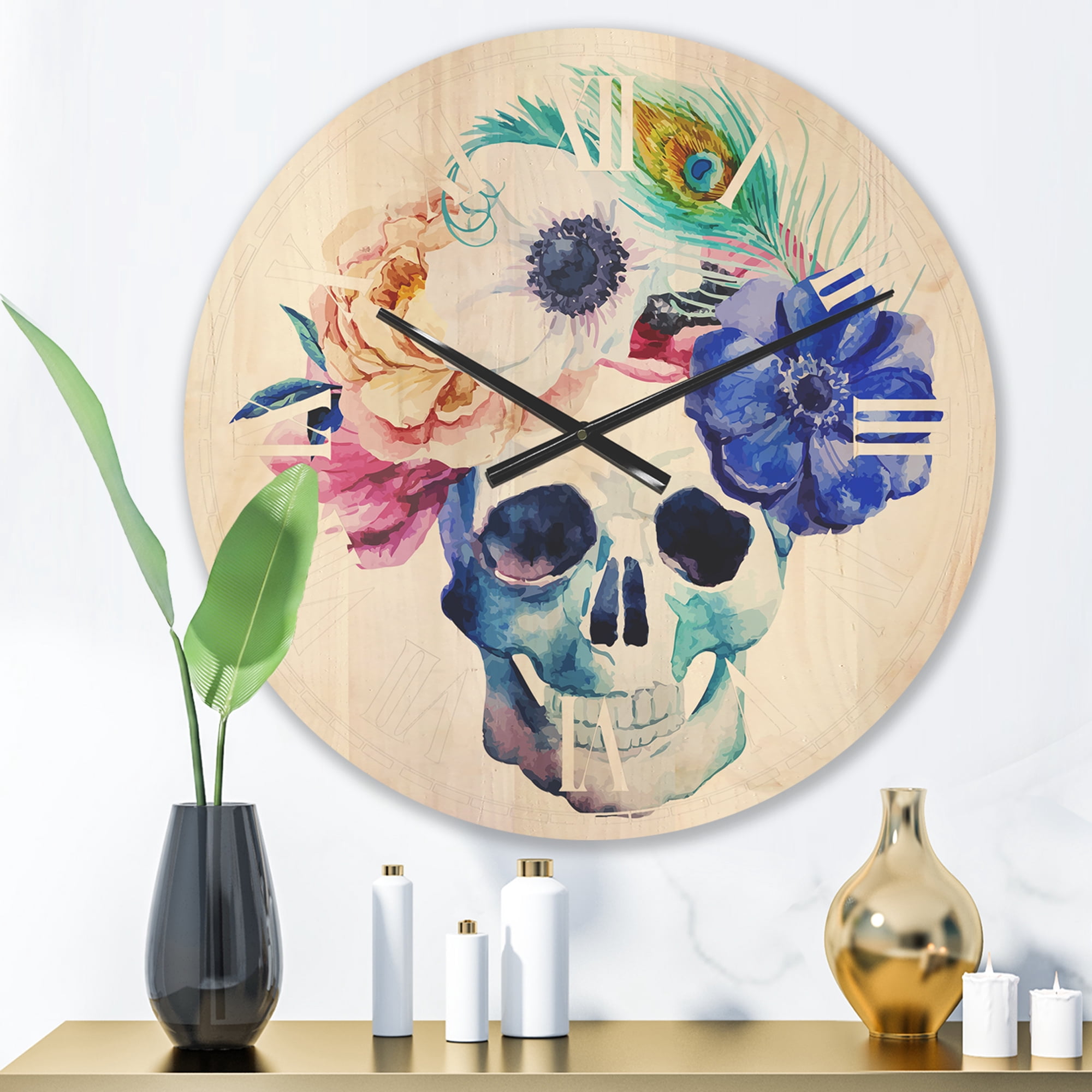 Designart 'Scull and Anemones' Bohemian Wood Wall Clock