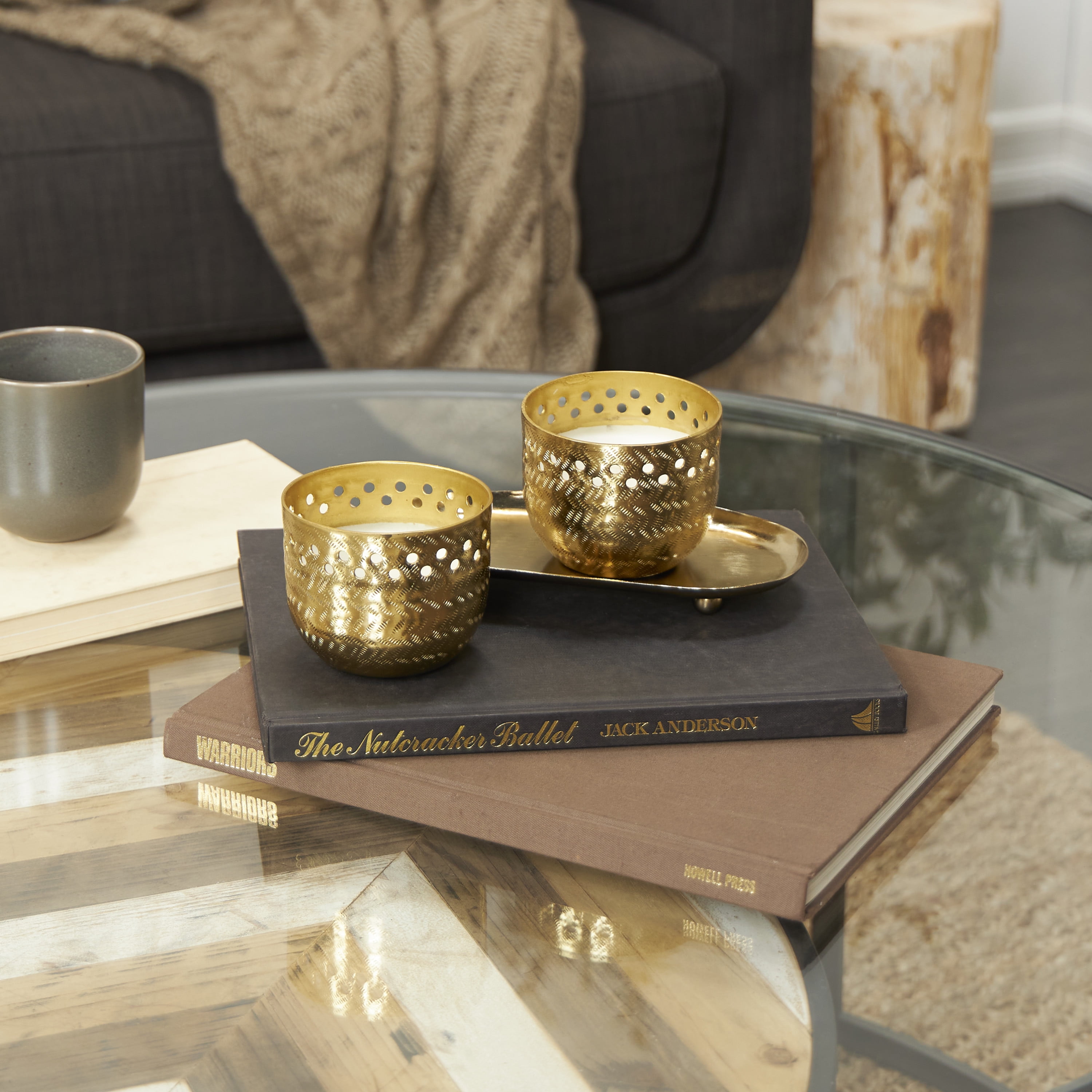CosmoLiving by Cosmopolitan 2 Holder Gold Metal Egyptian Mint Scented Cutout Spotted 7 oz 1 Wick Candle with White Wax, (Set of 2)