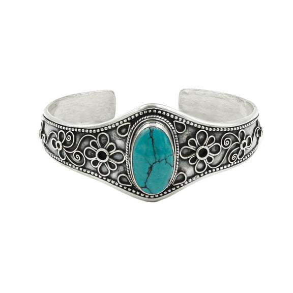Tibetan Silver Turquoise Cuff Bracelet – Handmade 925 Sterling Silver Adjustable Fashion Jewelry for Men & Women