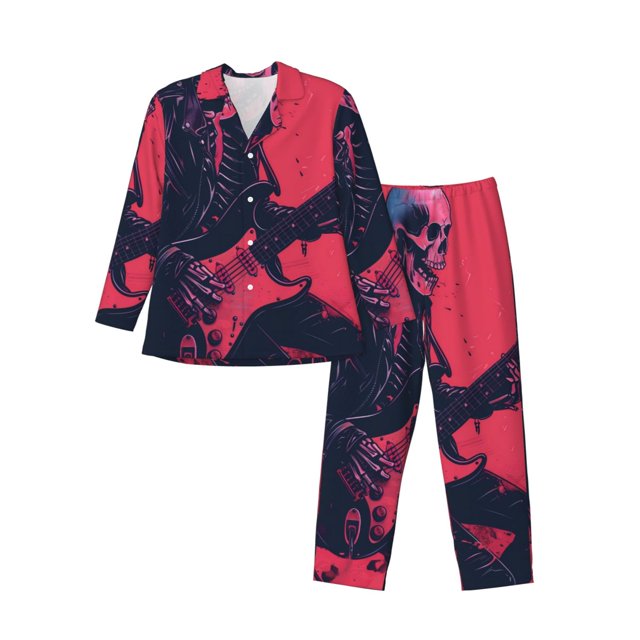 Balery Rock Skull Guitarist Pijama para Hombre de Dos Piezas con Manga Larga, Conjunto de Dormir y Descanso Suave con Bolsillos-Small