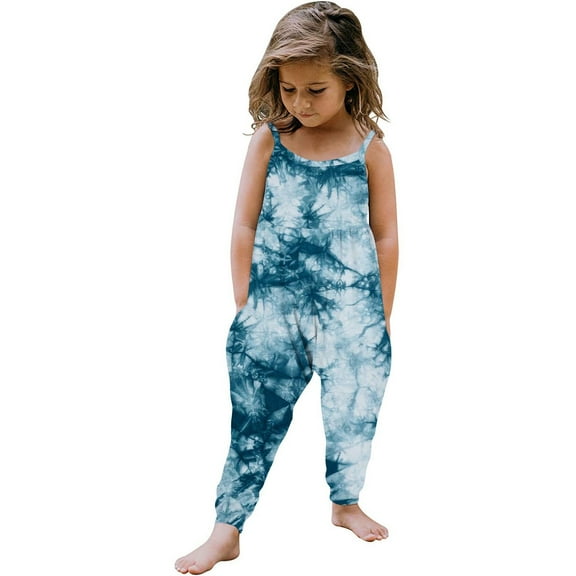 uublik Girls Romper Printed Cute Strap Jumpsuit One-piece Romper with Pockets Blue, Size 1T-6