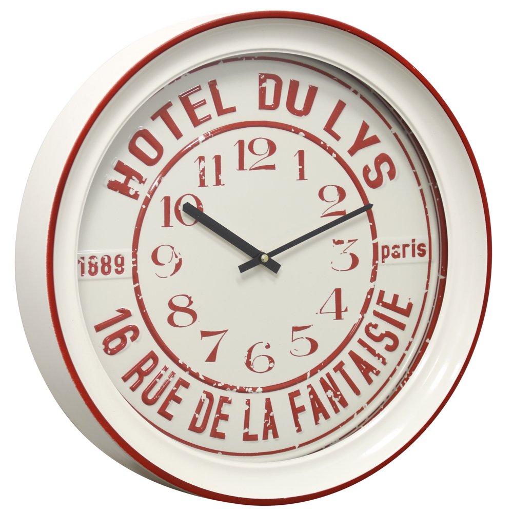 SemiGloss White and Red Round Hotel Wall Clock with Glass Front