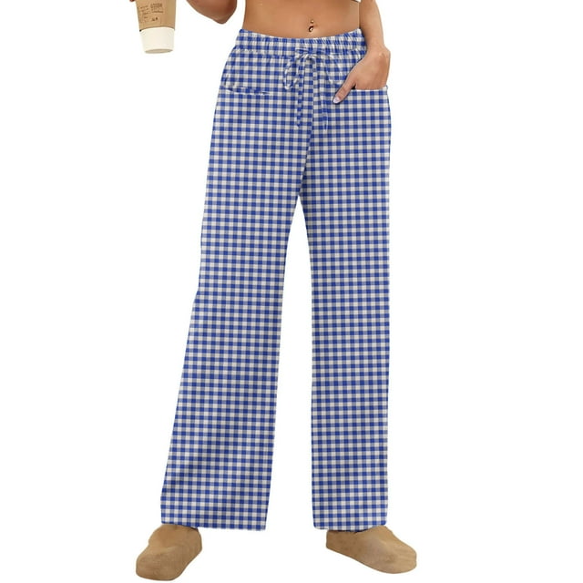 Amzcrzy Pantalones Mujer A Rayas Informales Cintura Alta Cordón Elástico Tipo Bóxer Cómodos Holgados Anchos Con Bolsillos Tallas S-2XL Azul