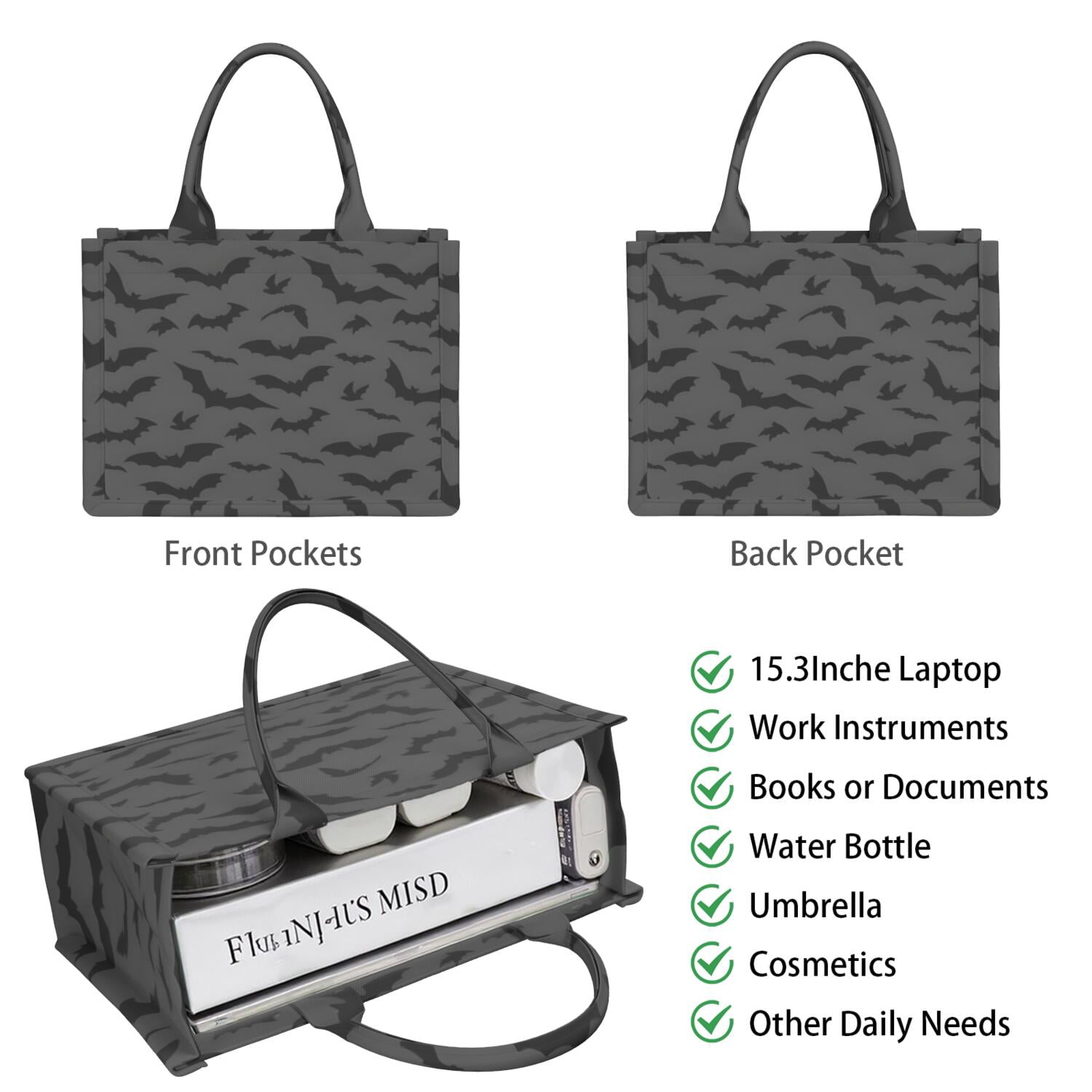 Large Capacity Tote Bag,Halloween Bats on Dark Pattern Handbag Fashion Luxury Tote Bag,15.7"x13"x 5.1" Inches,Laptop Compatible