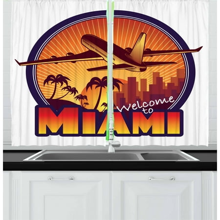 Florida Curtains 2 Panels Set, Welcome to Miami Airplane Palms and City at Sunset Graphic Circle, Window Drapes for Living Room Bedroom, 55W X 39L Inches, Indigo Burnt Orange Brown, by (Best Windows For Florida Homes)