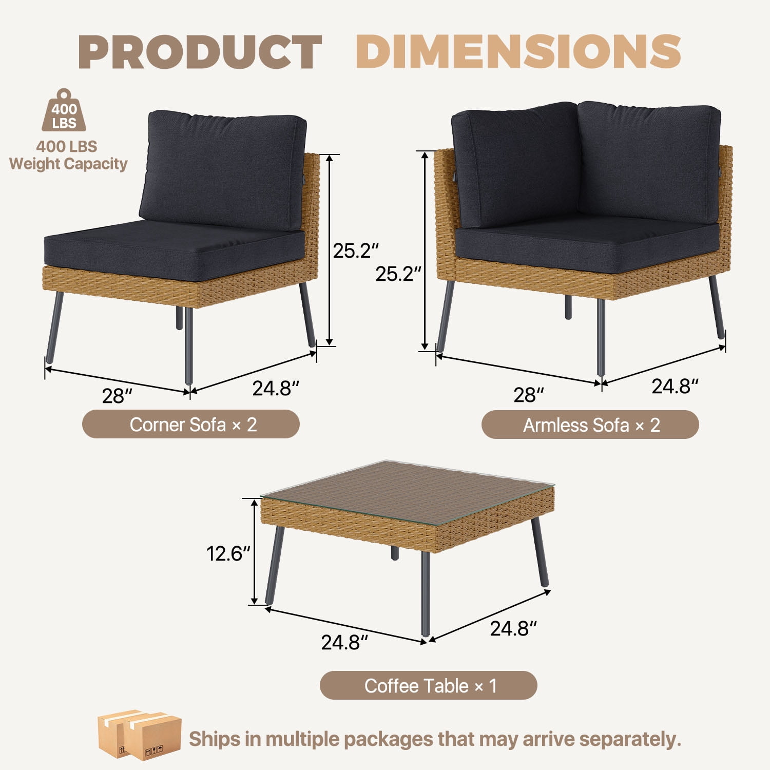 BaPiPro 5-Piece Modular Outdoor PE Rattan Sectional Sofa Set, All Weather Patio Furniture with Removable 4" High Density Cushions & Tempered Glass Coffee Table for Backyard Garden Courtyard, Black