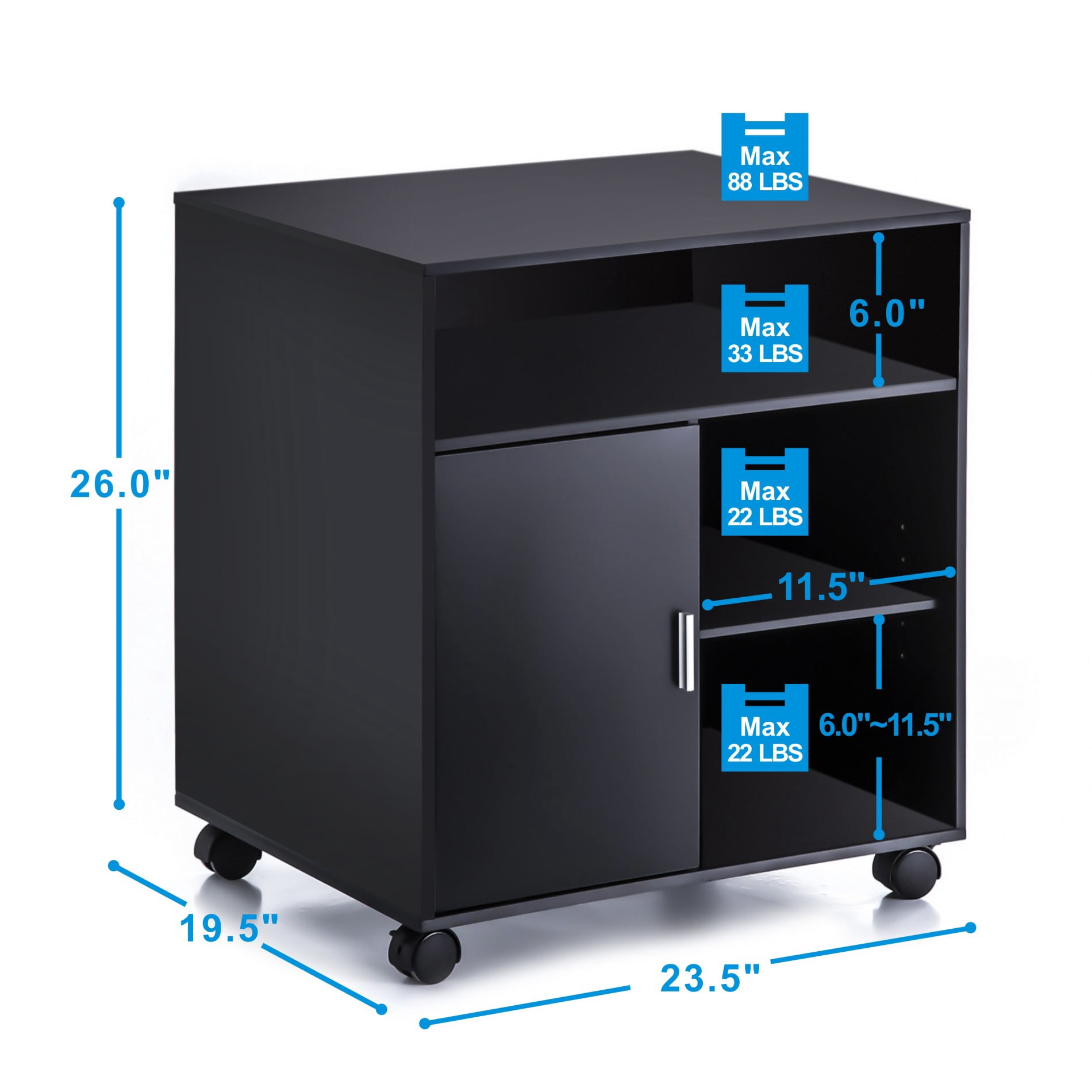 FITUEYES File Cabinet Mobile Printer Stand with storage on wheels 3 Shelf Multiple finishes Black PS406001WB