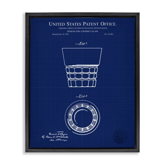 Stupell Industries Rustic Lodge Whisky Glass Blueprint Black Floating Frame Canvas Art, 17 x 21, by Karl Hronek