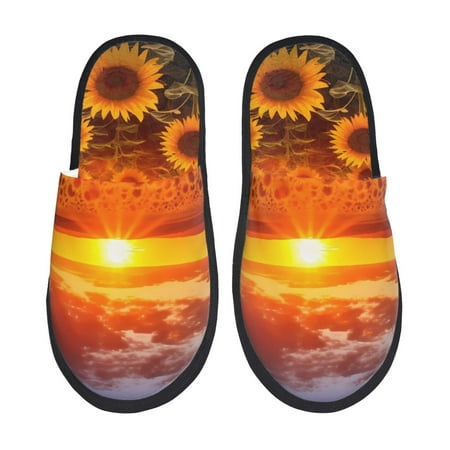 Balery Sunset Golden Sunflower Field Slient Indoor Furry Fleece Comfort House Shoes Soft Non-Slip Home Shoes Cotton slippers House Slippers-- Large
