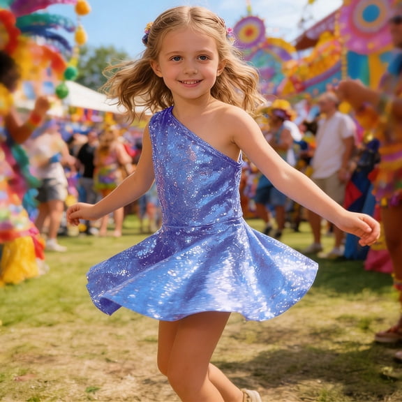 HAYIMI Child Shine Girls One Shoulder Party Dress Sleeveless Solid Color With Sequin Details For Soft Special Occasion Back To School Swing Flowy Kids Sundress