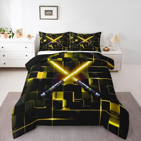 Erosebridal Electric Games Bedding Twin Comforter Set,Neon Light Down Comforter,Glowing Yellow Ombre Checkered Bedding Sets Twin with Comforter,Ultra Soft Bedroom Decoration Reversible,2 Pieces