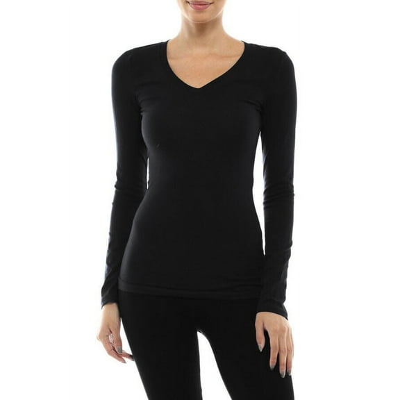 Plain Long Sleeve V-Neck T-shirts Cotton/Spandex Fitted Tee Junior Size (S-3X)