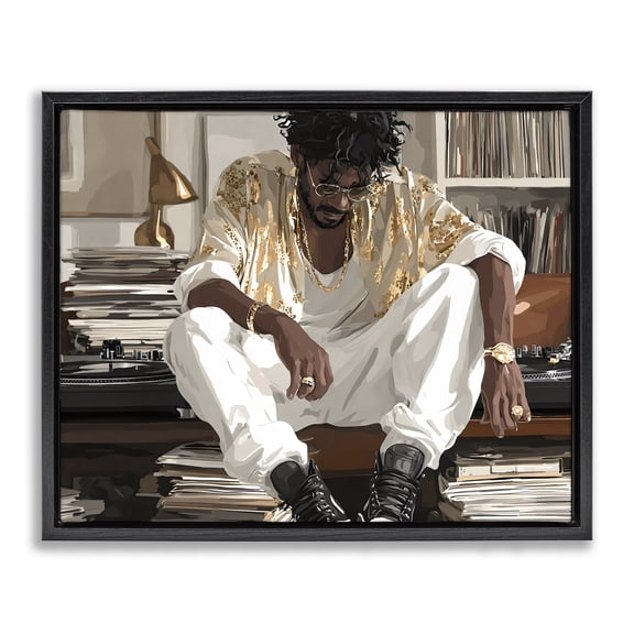 Stupell Industries Art Deco DJ with Record Collection Black Floating Frame Canvas Art, 21 x 17, by Franklyn Gregory