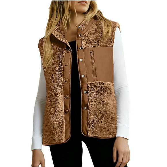 fatyb Womens Stand Collar Vest Fleece Patchwork Sleeveless Jacket Button down Casual Winter Outerwear