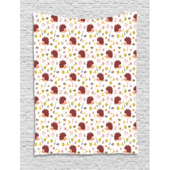 Woodland Tapestry, Cartoon Animals with Wild Woodland Plants Blossoming Summer Growth Illustration, Wall Hanging for Bedroom Living Room Dorm Decor, 60W X 80L Inches, Multicolor, by Ambesonne