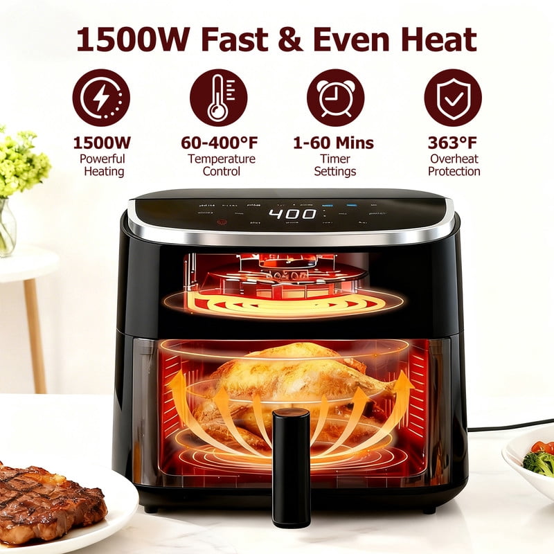 Sybels 4QT Digital Air Fryer: 1500W, Visible Window, 8 Presets, 400°F, 60-Min Timer, Auto Shut-Off, Dishwasher-Safe Basket, Black