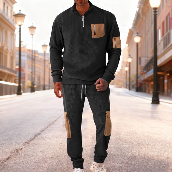 Yusimy Men's Solid Color 2-Piece Button-Down Half-Zip Set Long Sleeve Drawstring Pants Casual Sports