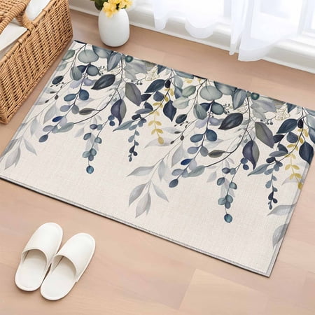 Blue Grey Eucalyptus Entryway Rug 2'x3' Non Slip Front Door Mats, Farmhouse Weeping Leaves on Linen Entrance Rugs Indoor Outdoor Carpet, Washable Floor Mats Small Area Rug for Bedroom Kitchen