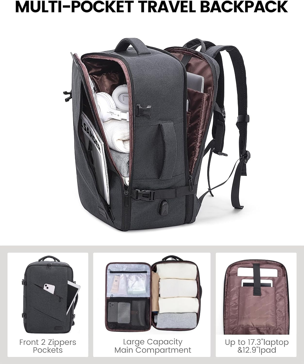 LOVEVOOK Travel Carry on Backpack, Large 40L Personal Item Travel Bag for Men & Women Flight Approved with 3 Packing Cubes, Suitcase Water Resistant Luggage Daypack Business Weekender Bag, Black