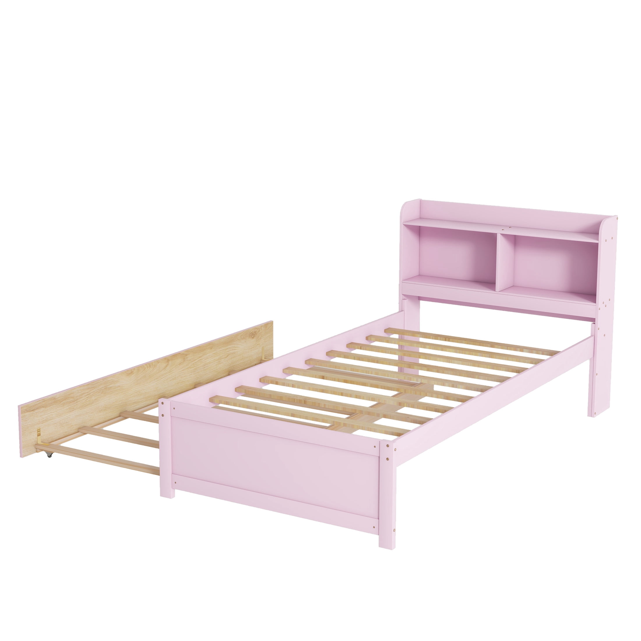Noble House Katen Twin Bed with Extra Trundle and Bookcase Storage, Pine Wood Platform Bed with Bookshelf, Pink