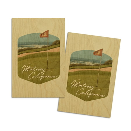 Monterey, California, Golf Green, Oil Painting, Contour (4x6 Birch Wood Postcards, 2-Pack Stationary, Rustic Home Wall Decor)