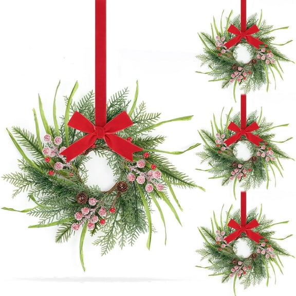 HaCpiu 4 Pcs Christmas Wreath for Front Door, 8" Artificial Eucalyptus Leaves Teardrop Wreaths, with Ribbon Pinecones Red Berry Christmas Hanging Swag, for Xmas Winter Door Window Wall Home Decor