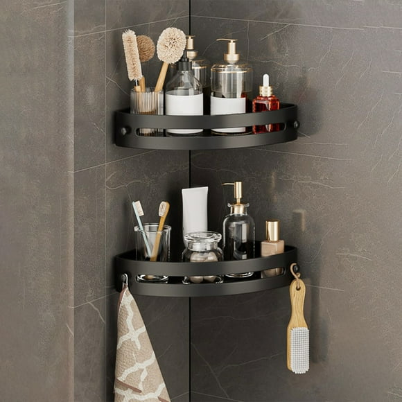 YoGold Adhesive Corner Shelf No Drilling Double-Tier Bathroom Corner Shelves Shower Caddies Triangular Storage Shelf Restroom Shelves For Kitchen Toilet Bathroom Shower Black
