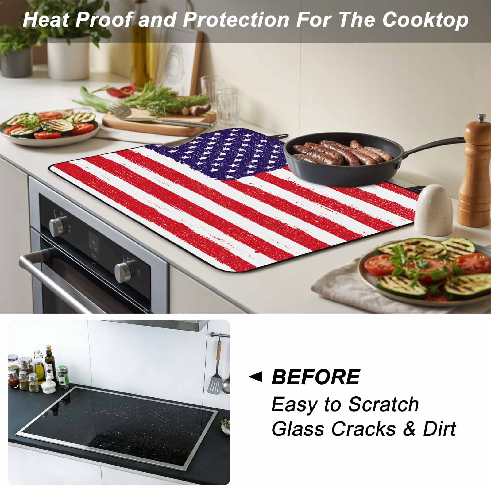 American Flag Stove Top Cover for Electric Stove, Heat-proof & Non Slip Glass Top Stove Cover Protector, Retro Rustic Stars And Stripes US Flag Kitchen Flat Cooktop Rubber Mat 24x21 Inches