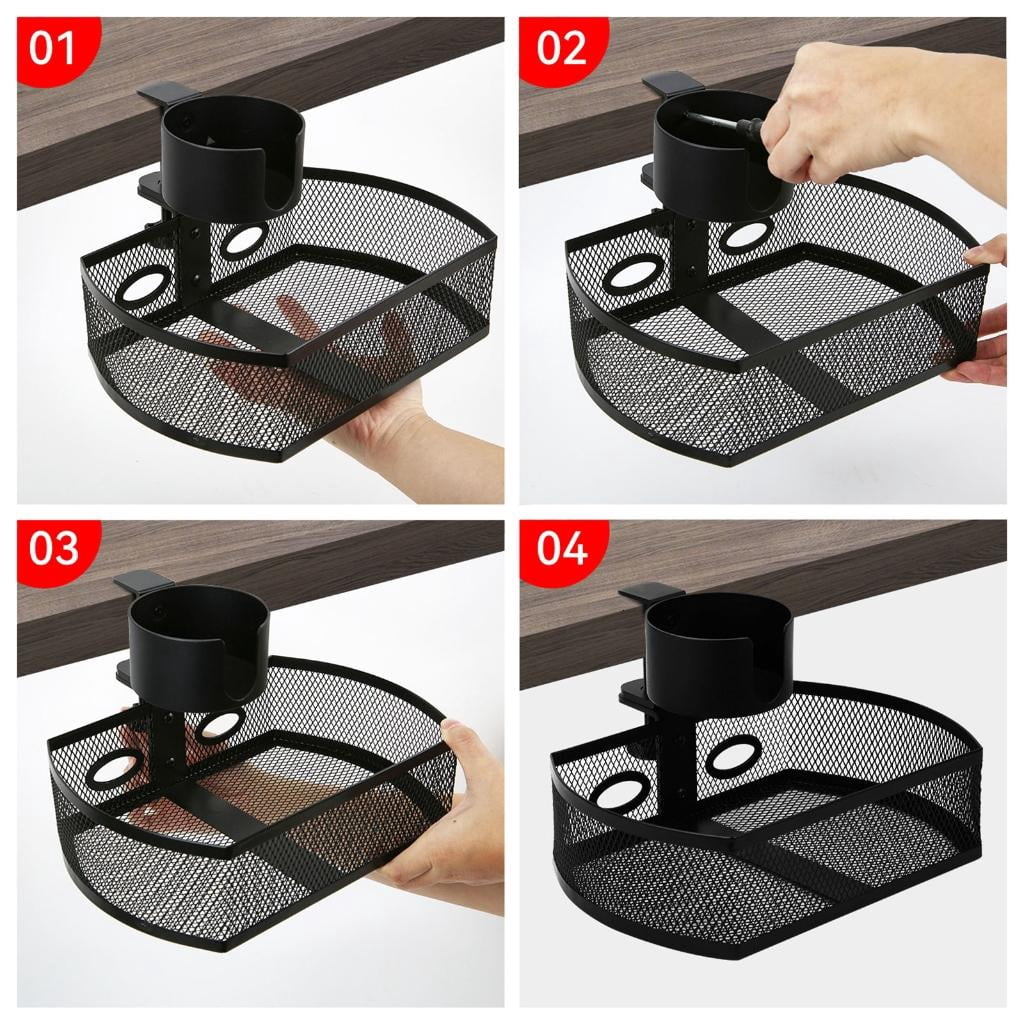 HannLk Office Supplies Holder Under Desk Storage with Rotating Drawer and Cup Holder