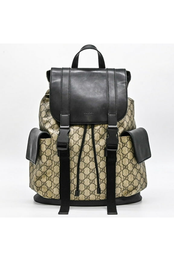 Pre-Owned GUCCI GG Supreme Backpack Beige Black Leather 450958 (Good)
