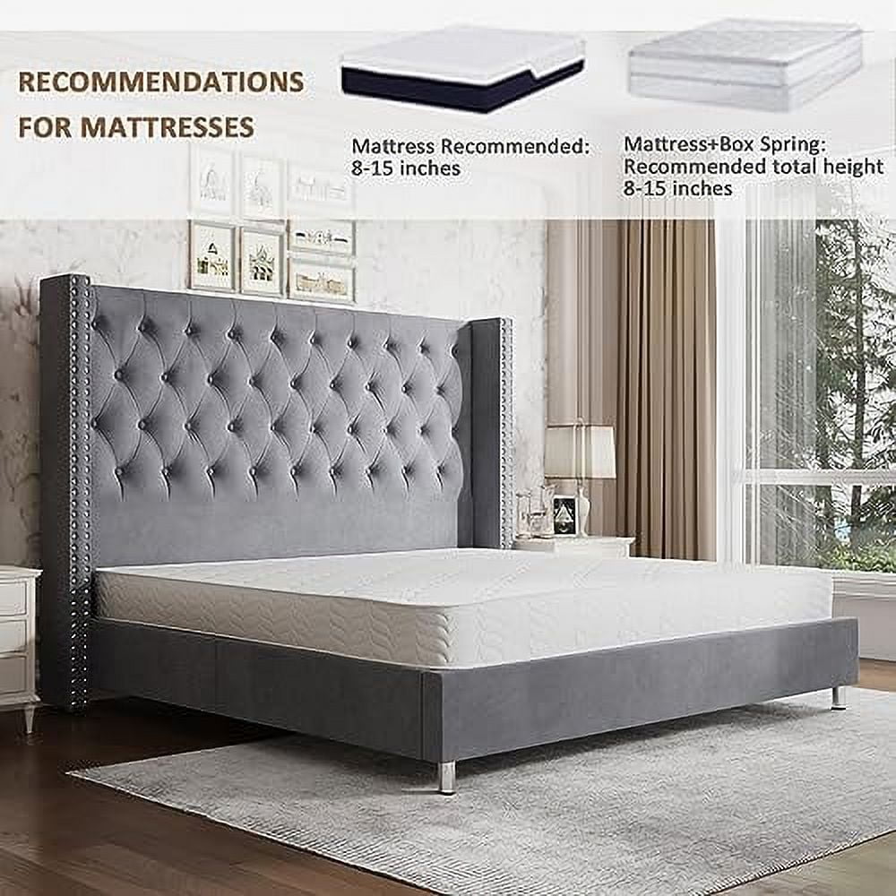 VanAcc Queen Upholstered Platform Bed Frame with Button Tufted Wingback Headboard, Velvet,Grey