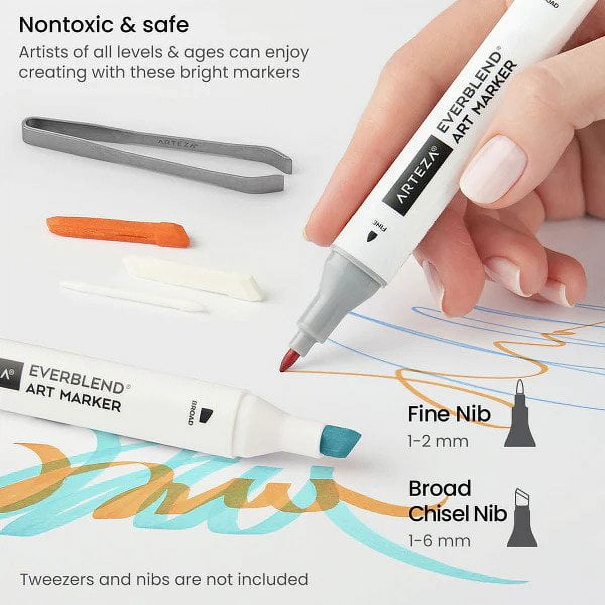 Arteza Art Markers, Dual Tip Chisel and Brush, Assorted Colors, 72 Count