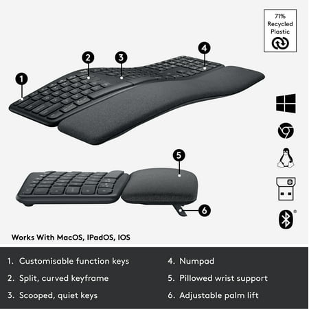 Logitech - ERGO K860 Ergonomic Full-size Wireless Keyboard for Windows and Mac with Palm Rest - Black